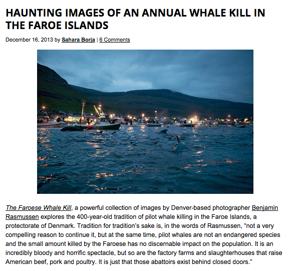 For Feature Shoot, Benjamin Rasmussen: http://www.featureshoot.com/2013/12/haunting-images-of-an-annual-whale-kill-in-the-faroe-islands/