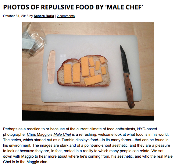 For Feature Shoot, Chris Maggio: http://www.featureshoot.com/2013/10/photos-of-repulsive-food-by-male-chef/